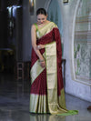 Banarasee Semi Chiffon Saree With Buti Design & Contrast Zari Border-Deep Maroon & Light Green