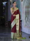 Banarasee Semi Chiffon Saree With Buti Design & Contrast Zari Border-Deep Maroon & Light Green