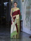 Banarasee Semi Chiffon Saree With Buti Design & Contrast Zari Border-Deep Maroon & Light Green