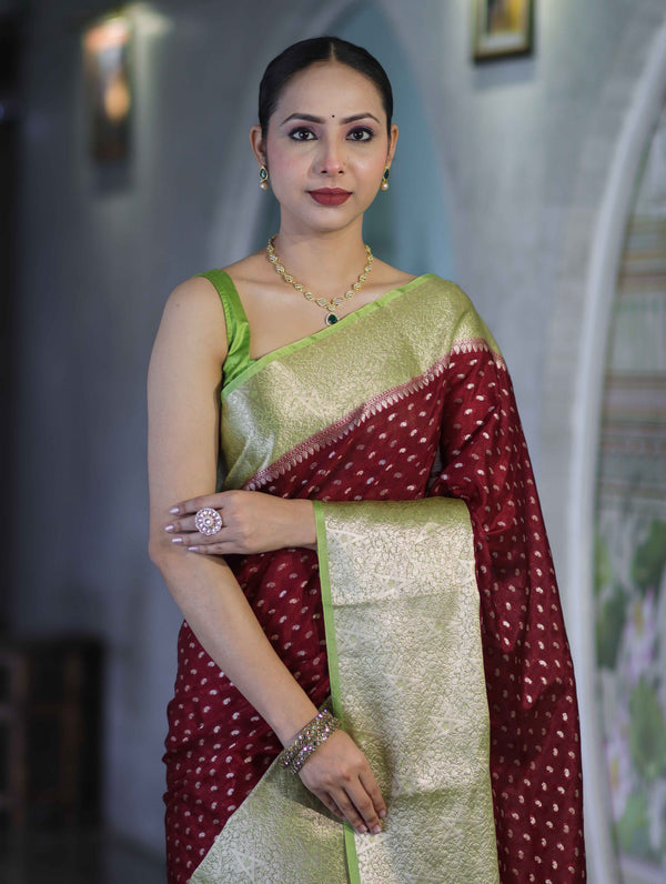 Banarasee Semi Chiffon Saree With Buti Design & Contrast Zari Border-Deep Maroon & Light Green