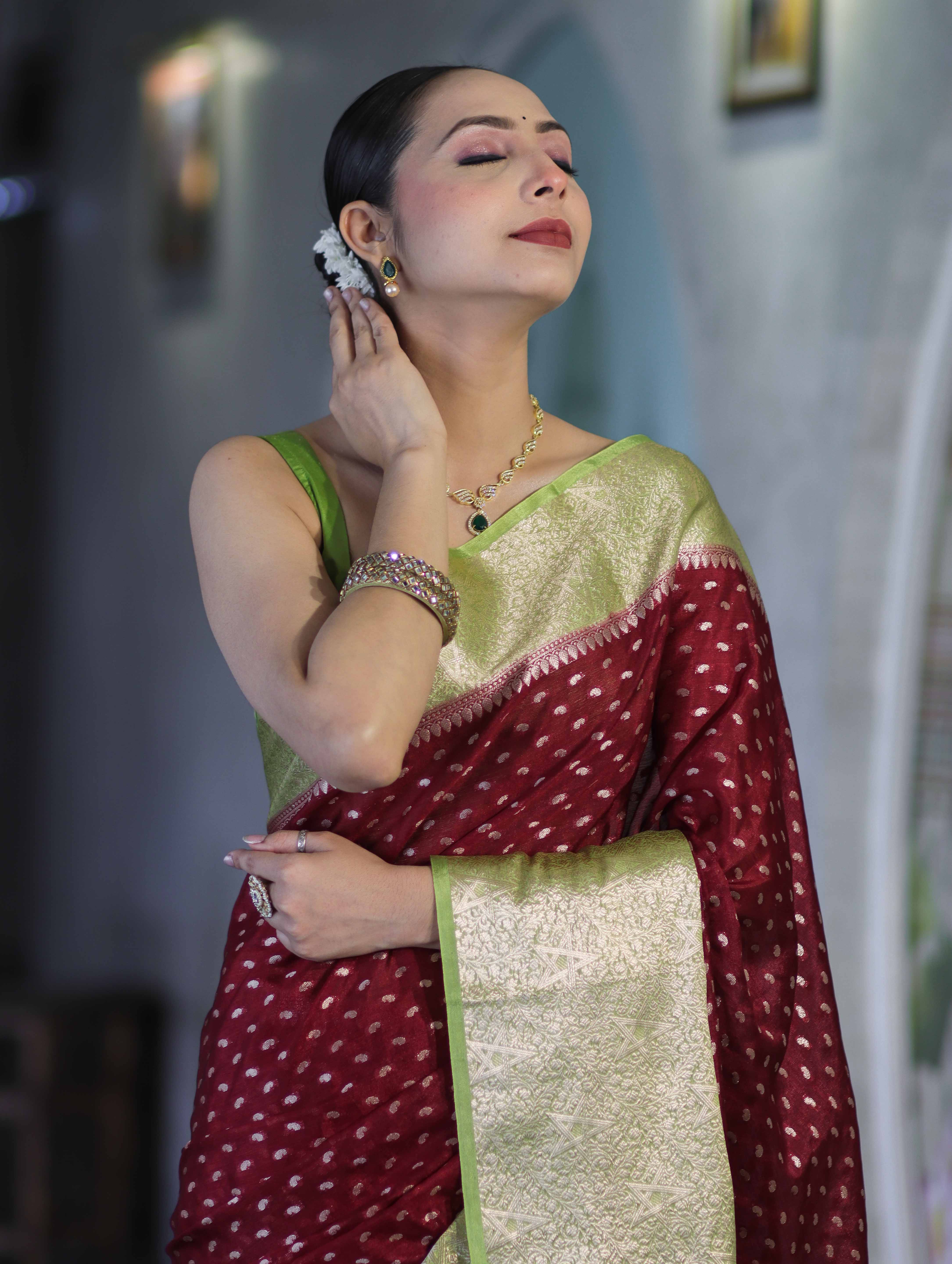 Banarasee Semi Chiffon Saree With Buti Design & Contrast Zari Border-Deep Maroon & Light Green