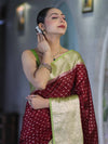 Banarasee Semi Chiffon Saree With Buti Design & Contrast Zari Border-Deep Maroon & Light Green