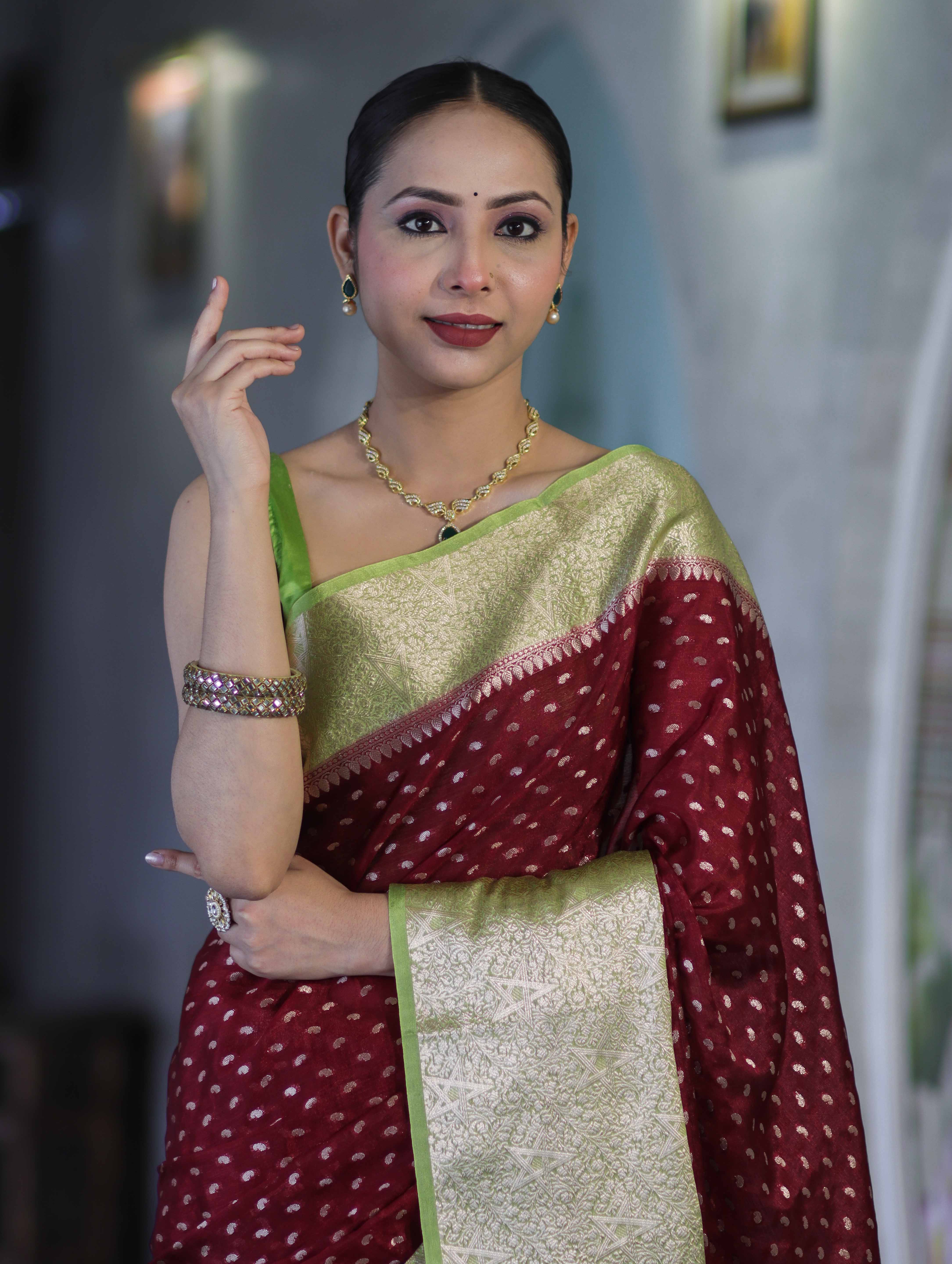 Banarasee Semi Chiffon Saree With Buti Design & Contrast Zari Border-Deep Maroon & Light Green