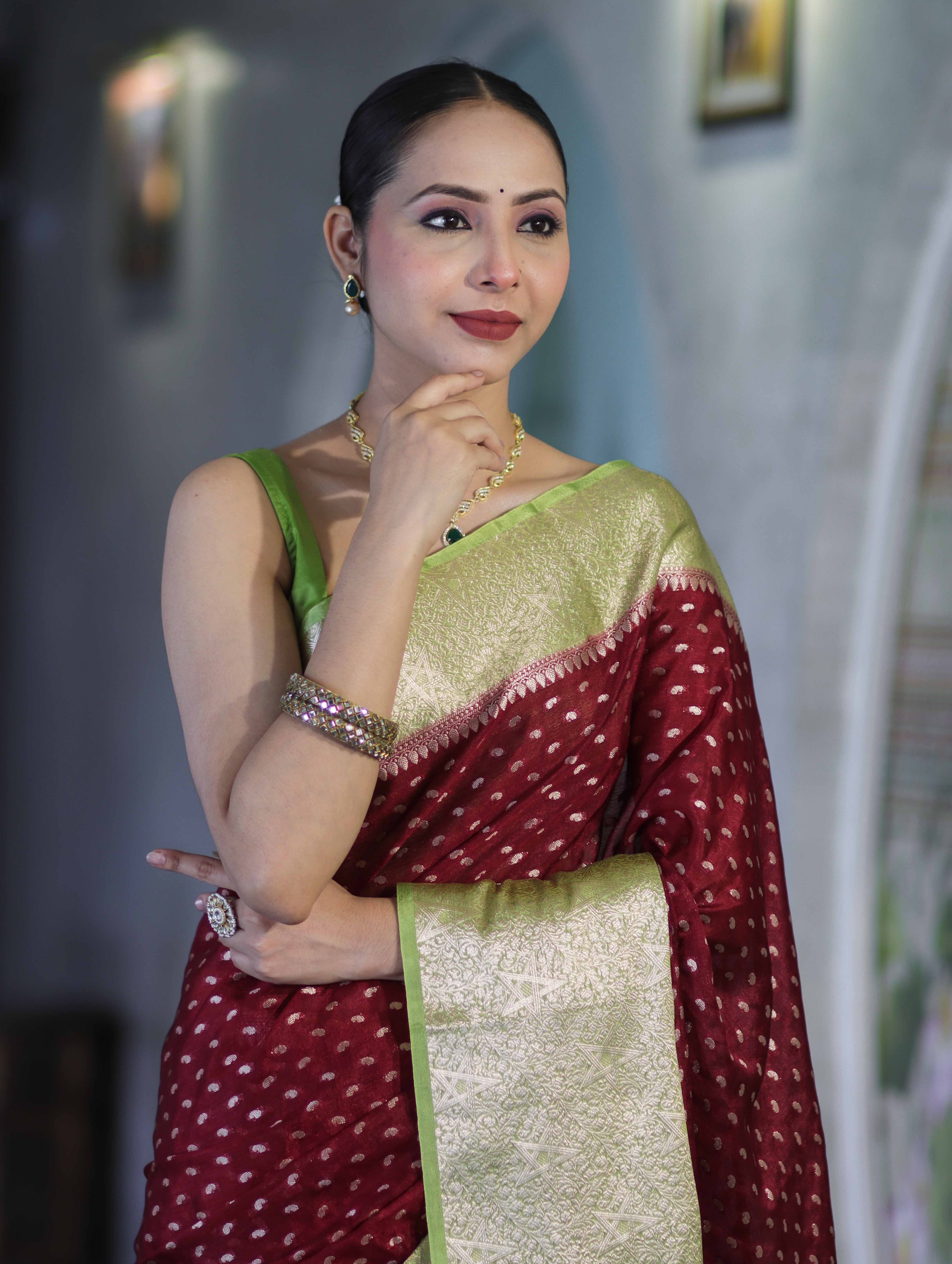 Banarasee Semi Chiffon Saree With Buti Design & Contrast Zari Border-Deep Maroon & Light Green