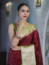 Banarasee Semi Chiffon Saree With Buti Design & Contrast Zari Border-Deep Maroon & Light Green
