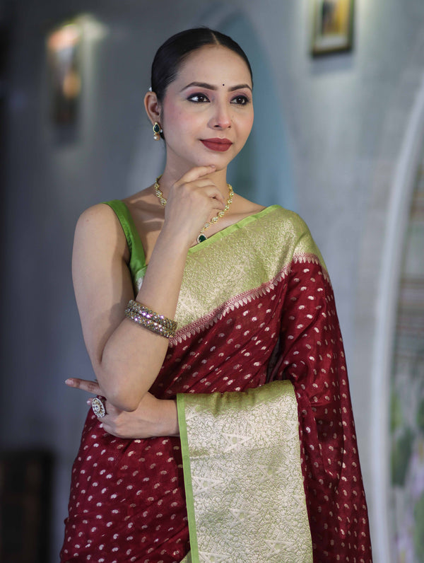 Banarasee Semi Chiffon Saree With Buti Design & Contrast Zari Border-Deep Maroon & Light Green
