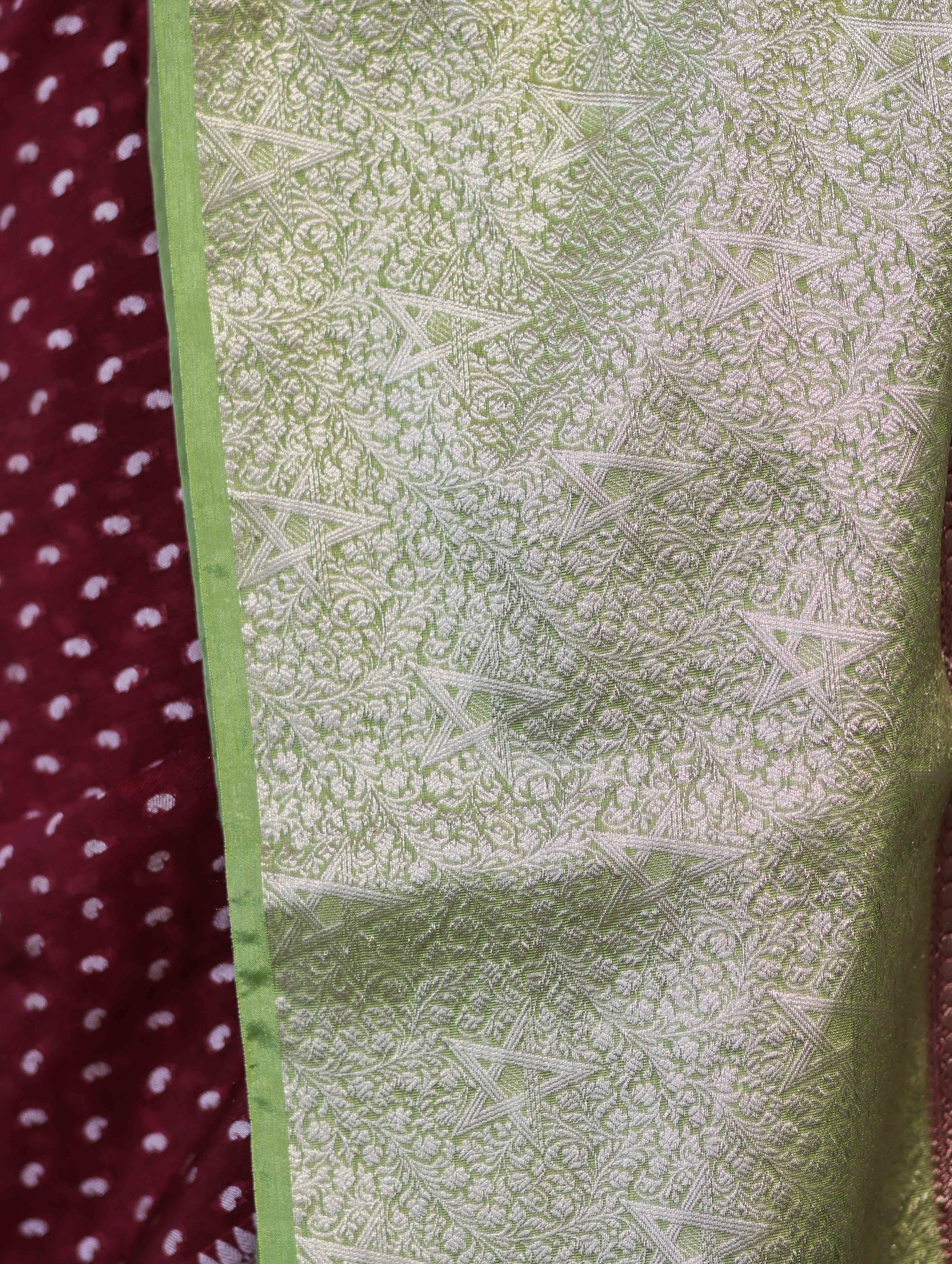 Banarasee Semi Chiffon Saree With Buti Design & Contrast Zari Border-Deep Maroon & Light Green