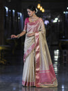 Banarasee Handloom Plain Tissue Saree With Contrast Zari Border & Lace-Cream & Pink