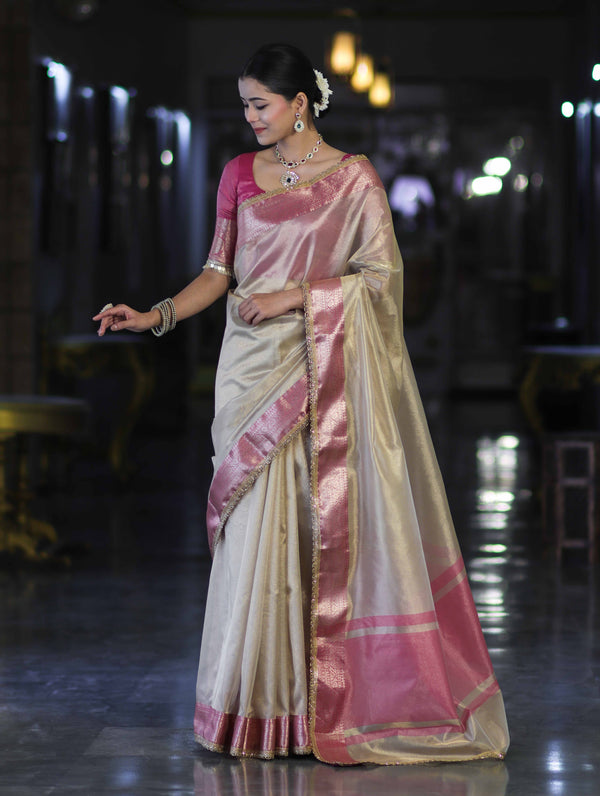 Banarasee Handloom Plain Tissue Saree With Contrast Zari Border & Lace-Cream & Pink
