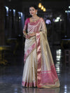 Banarasee Handloom Plain Tissue Saree With Contrast Zari Border & Lace-Cream & Pink