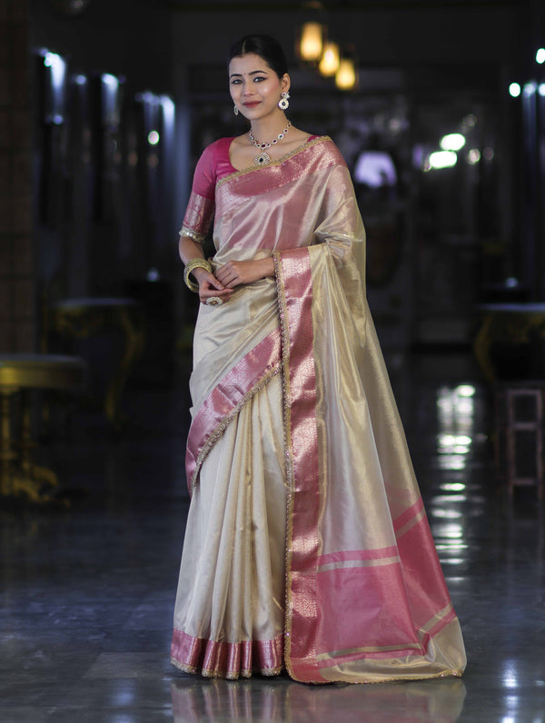 Banarasee Handloom Plain Tissue Saree With Contrast Zari Border& Lace-Cream & Pink