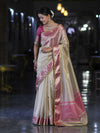 Banarasee Handloom Plain Tissue Saree With Contrast Zari Border & Lace-Cream & Pink