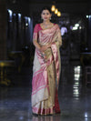 Banarasee Handloom Plain Tissue Saree With Contrast Zari Border & Lace-Cream & Pink