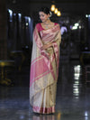 Banarasee Handloom Plain Tissue Saree With Contrast Zari Border & Lace-Cream & Pink
