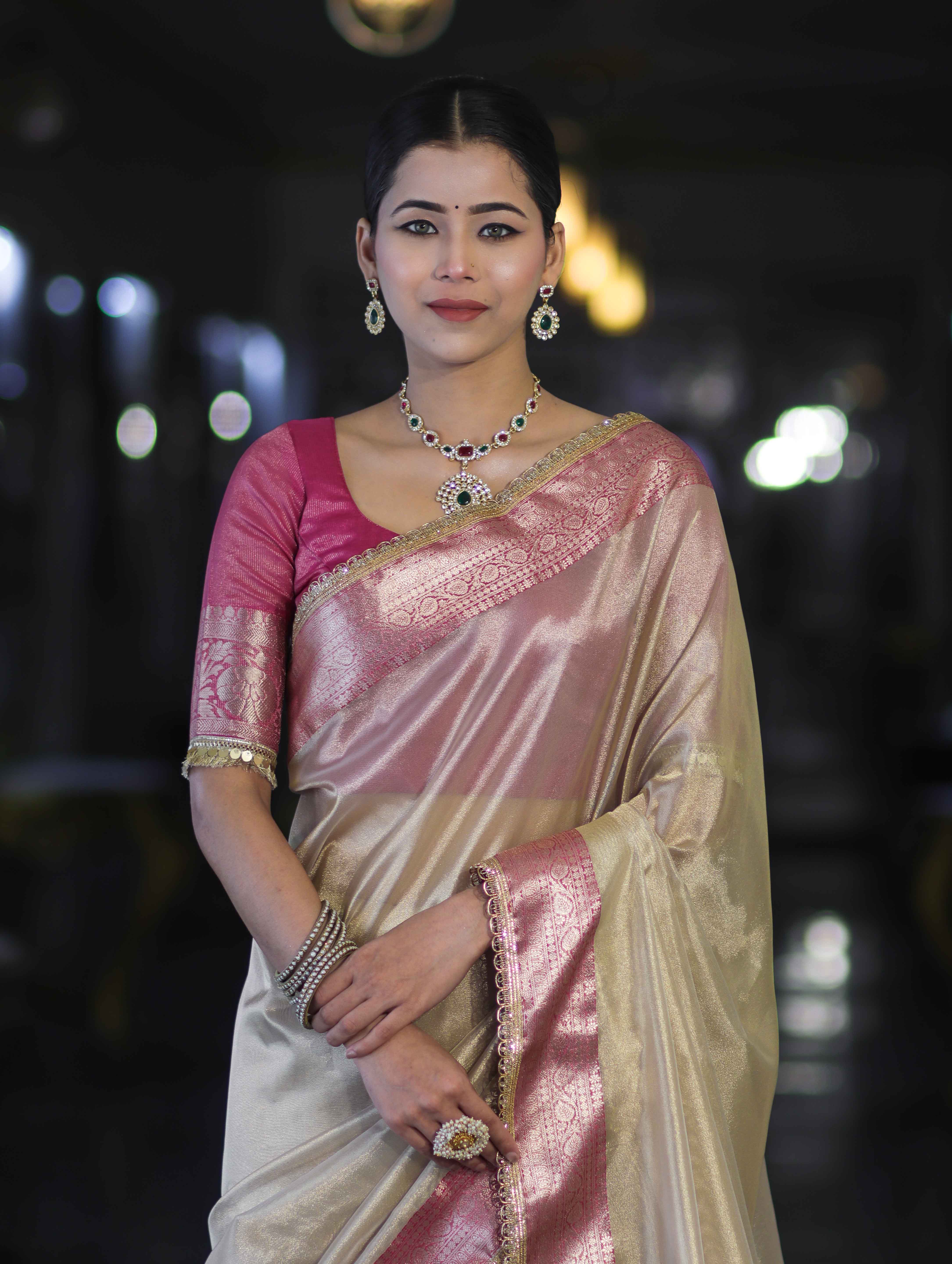 Banarasee Handloom Plain Tissue Saree With Contrast Zari Border & Lace-Cream & Pink
