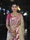 Banarasee Handloom Plain Tissue Saree With Contrast Zari Border & Lace-Cream & Pink