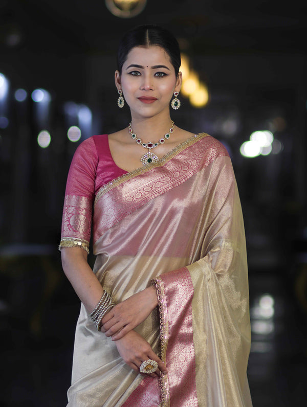 Banarasee Handloom Plain Tissue Saree With Contrast Zari Border & Lace-Cream & Pink