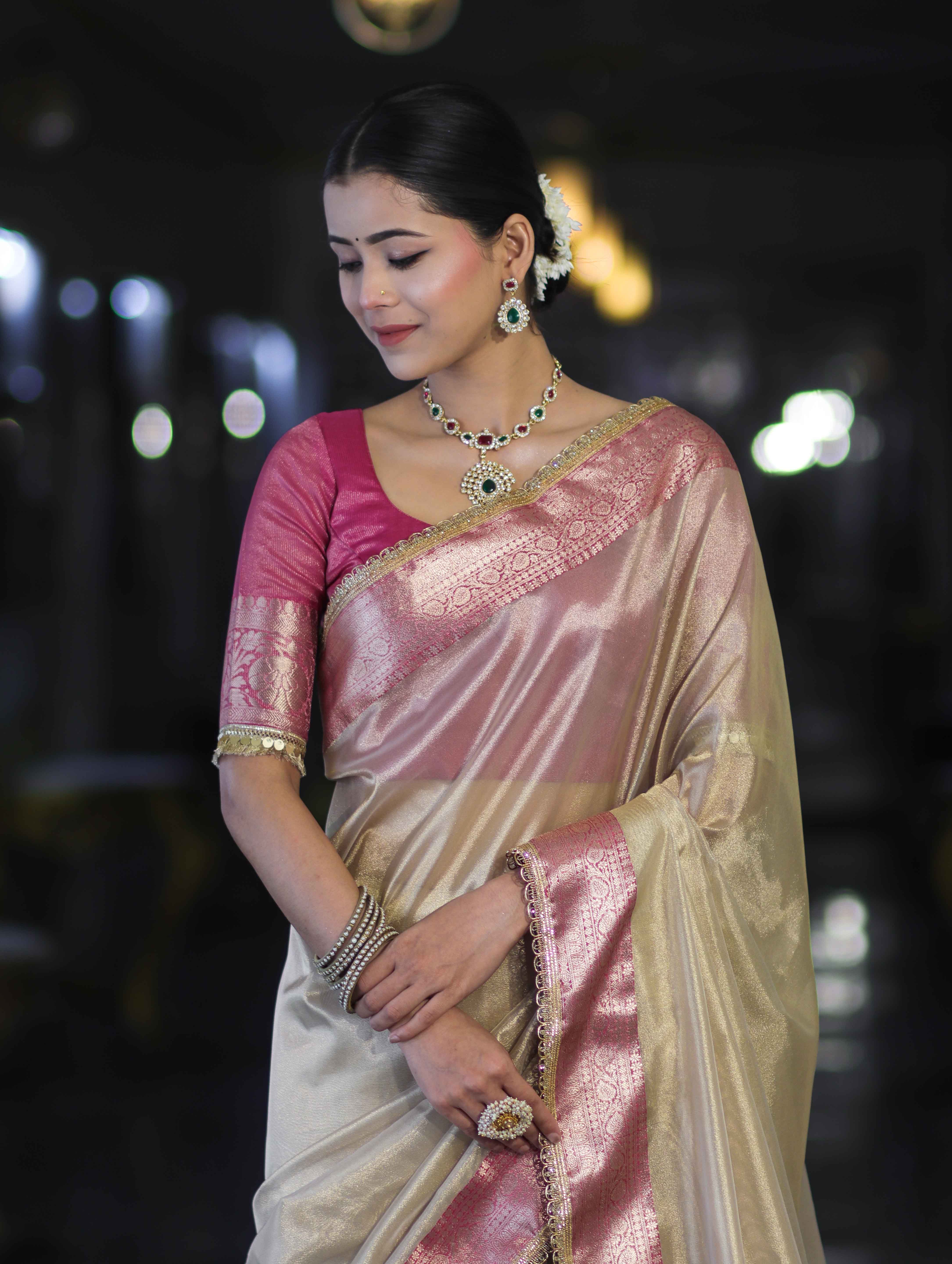 Banarasee Handloom Plain Tissue Saree With Contrast Zari Border & Lace-Cream & Pink