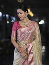 Banarasee Handloom Plain Tissue Saree With Contrast Zari Border & Lace-Cream & Pink
