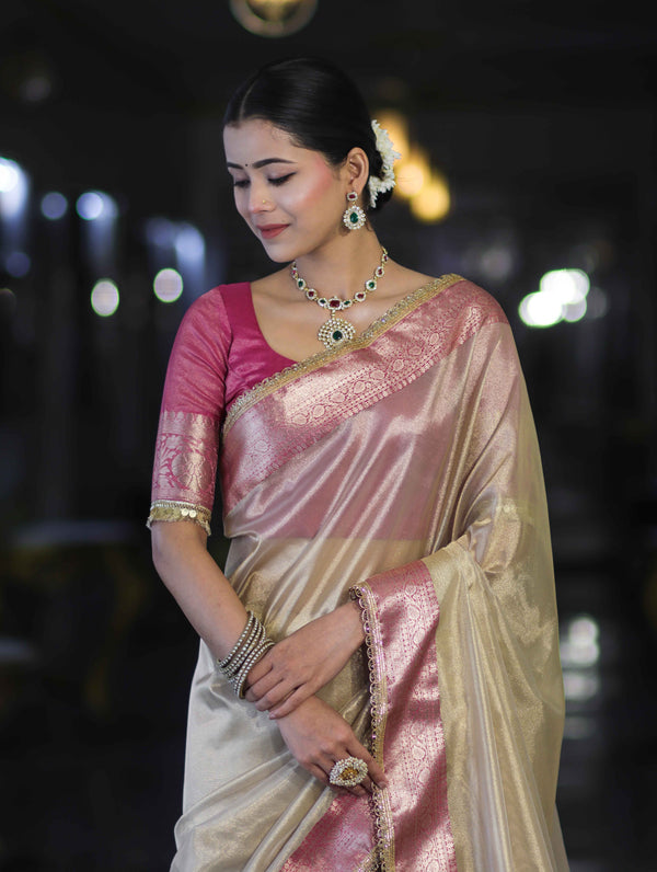 Banarasee Handloom Plain Tissue Saree With Contrast Zari Border & Lace-Cream & Pink