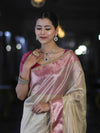 Banarasee Handloom Plain Tissue Saree With Contrast Zari Border & Lace-Cream & Pink