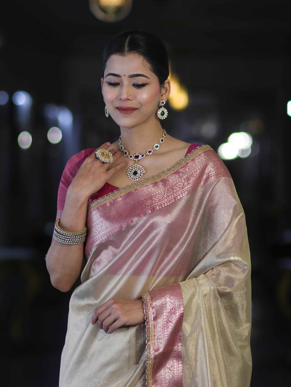 Banarasee Handloom Plain Tissue Saree With Contrast Zari Border & Lace-Cream & Pink