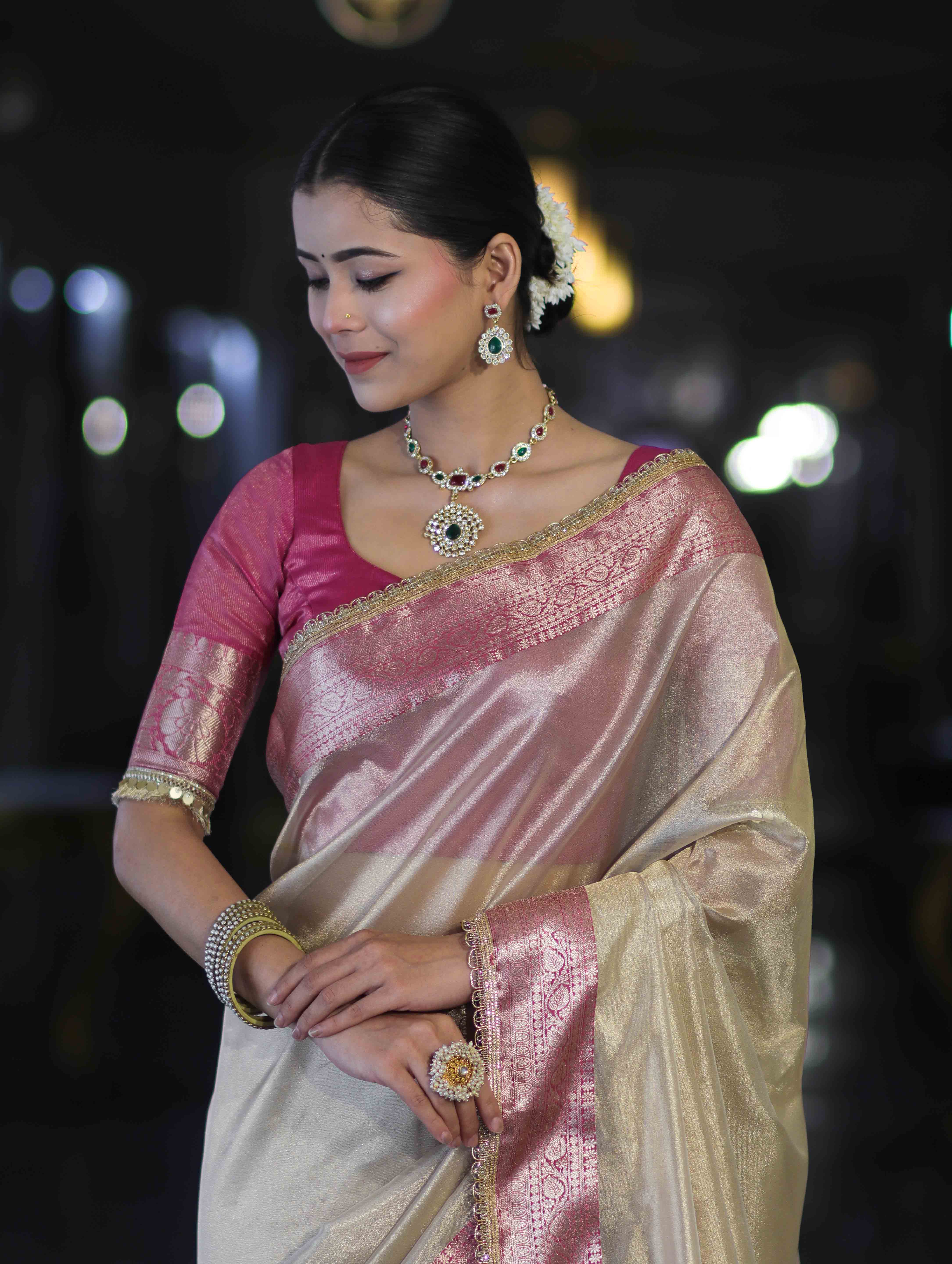 Banarasee Handloom Plain Tissue Saree With Contrast Zari Border & Lace-Cream & Pink