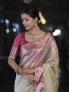 Banarasee Handloom Plain Tissue Saree With Contrast Zari Border & Lace-Cream & Pink