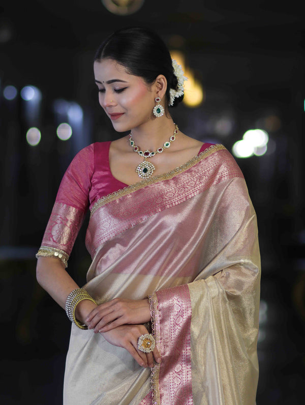 Banarasee Handloom Plain Tissue Saree With Contrast Zari Border & Lace-Cream & Pink