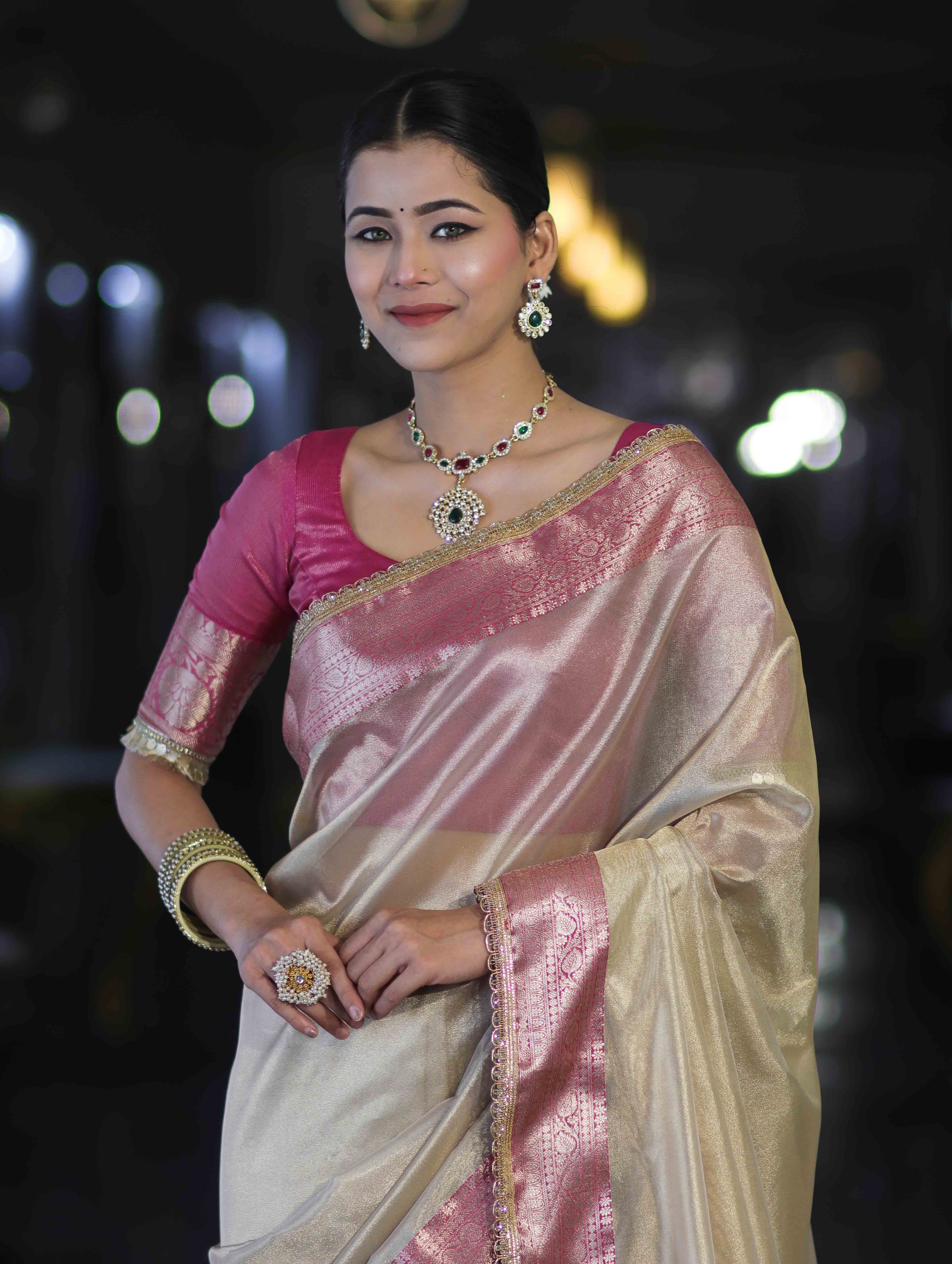 Banarasee Handloom Plain Tissue Saree With Contrast Zari Border & Lace-Cream & Pink