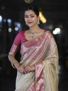 Banarasee Handloom Plain Tissue Saree With Contrast Zari Border & Lace-Cream & Pink