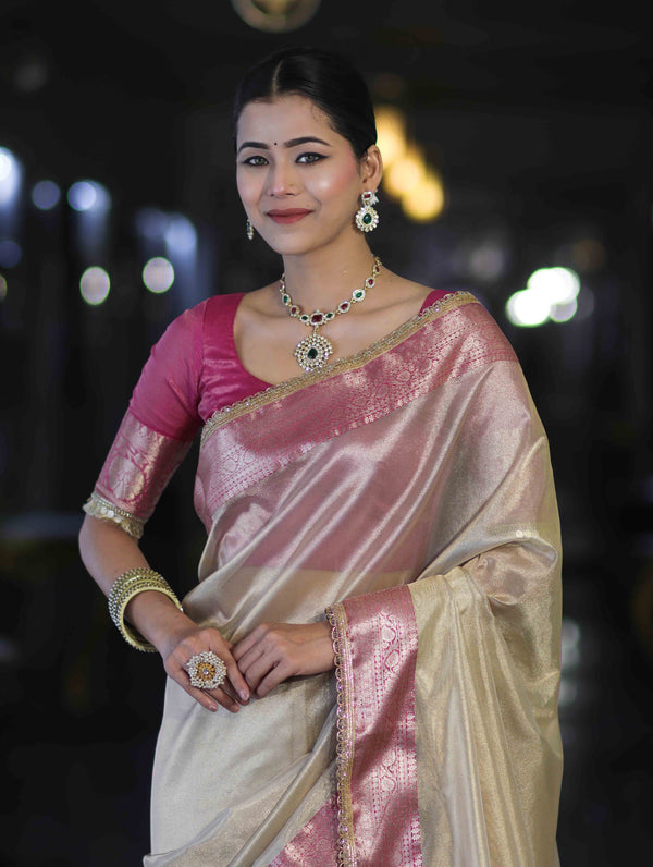 Banarasee Handloom Plain Tissue Saree With Contrast Zari Border& Lace-Cream & Pink