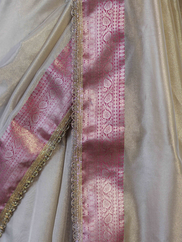 Banarasee Handloom Plain Tissue Saree With Contrast Zari Border & Lace-Cream & Pink