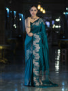 Banarasee Handloom Plain Semi Silk Saree With Zari Border-Teal Green