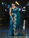 Banarasee Handloom Plain Semi Silk Saree With Zari Border-Teal Green