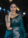 Banarasee Handloom Plain Semi Silk Saree With Zari Border-Teal Green