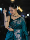 Banarasee Handloom Plain Semi Silk Saree With Zari Border-Teal Green