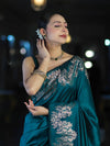 Banarasee Handloom Plain Semi Silk Saree With Zari Border-Teal Green