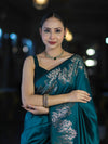 Banarasee Handloom Plain Semi Silk Saree With Zari Border-Teal Green