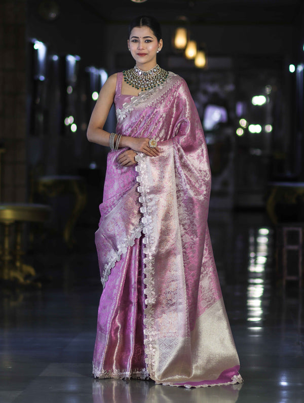 Banarasee Handloom Tissue Saree With Zari Weaving Floral Work & Lace Border-Light Pink