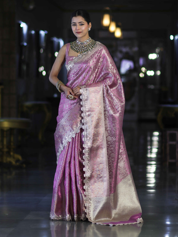 Banarasee Handloom Tissue Saree With Zari Weaving Floral Work & Lace Border-Light Pink