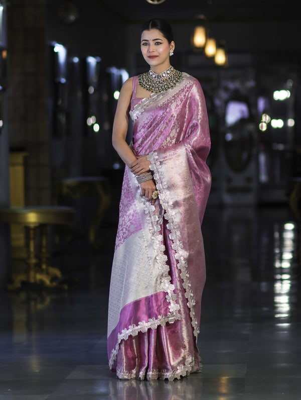 Banarasee Handloom Tissue Saree With Zari Weaving Floral Work & Lace Border-Light Pink