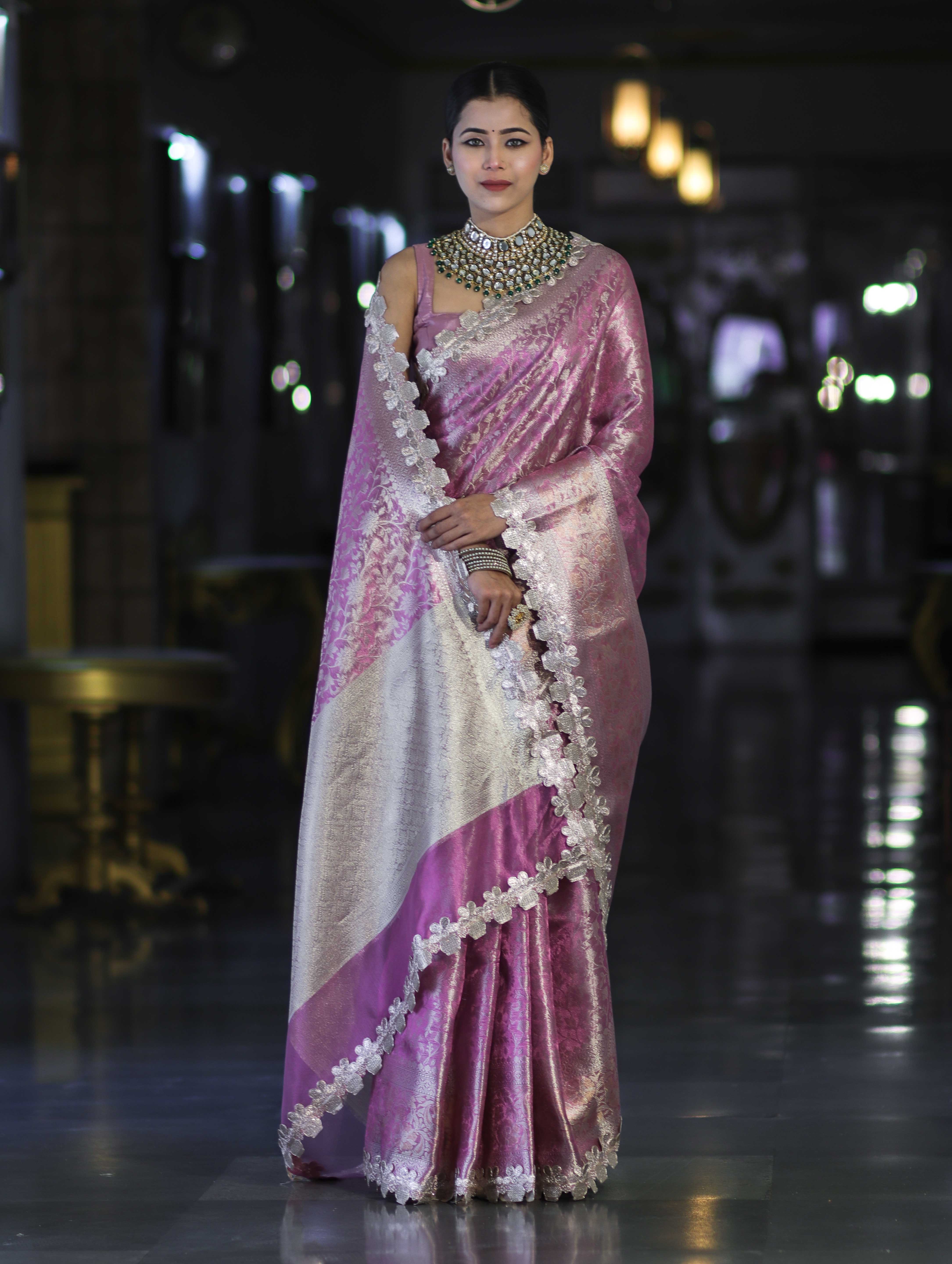 Banarasee Handloom Tissue Saree With Zari Weaving Floral Work & Lace Border-Light Pink