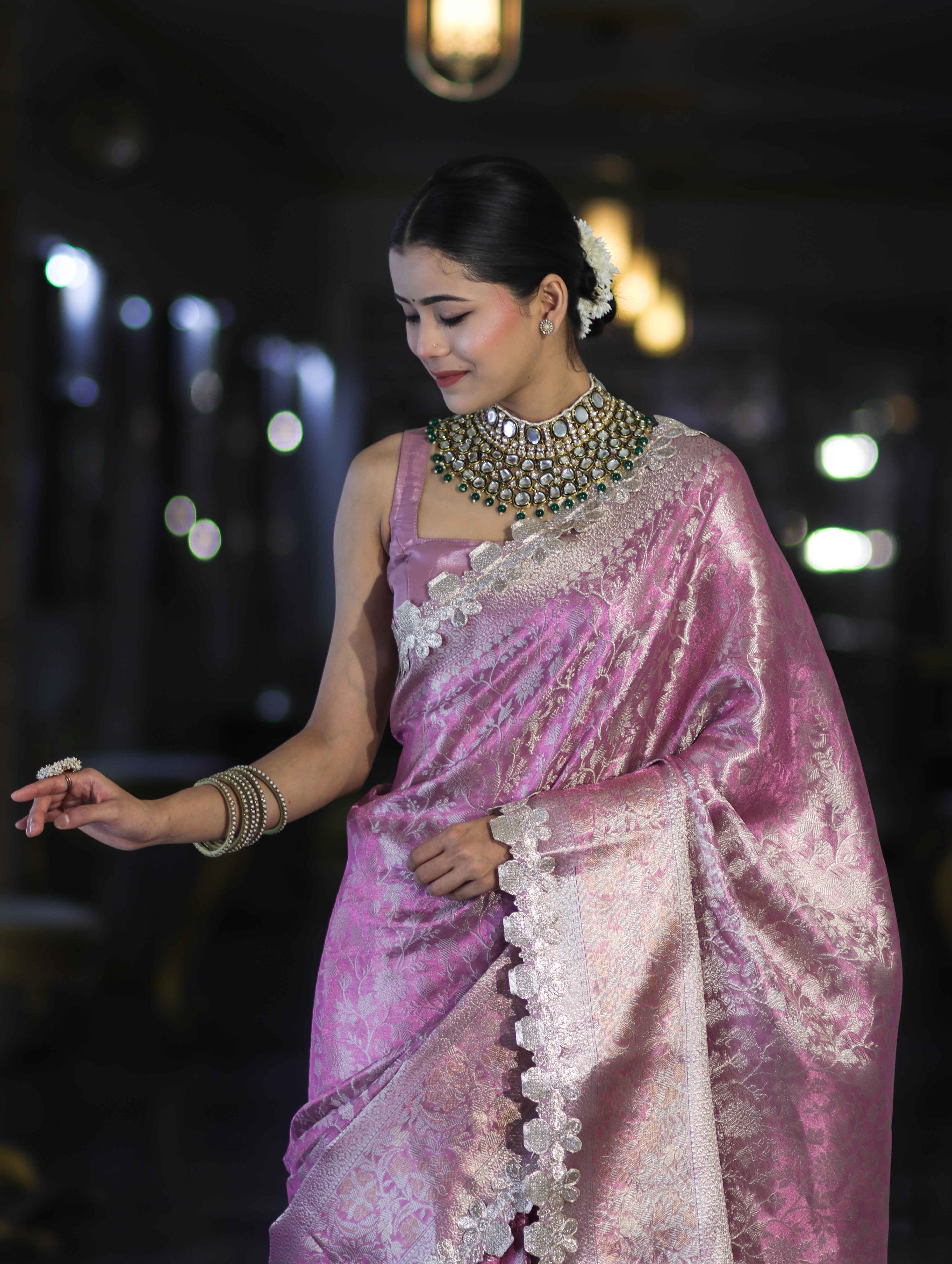 Banarasee Handloom Tissue Saree With Zari Weaving Floral Work & Lace Border-Light Pink