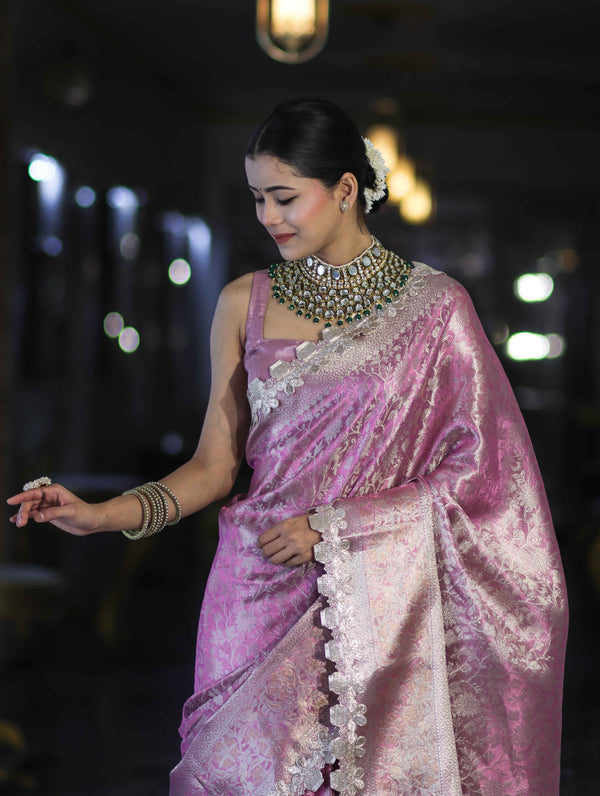 Banarasee Handloom Tissue Saree With Zari Weaving Floral Work & Lace Border-Light Pink