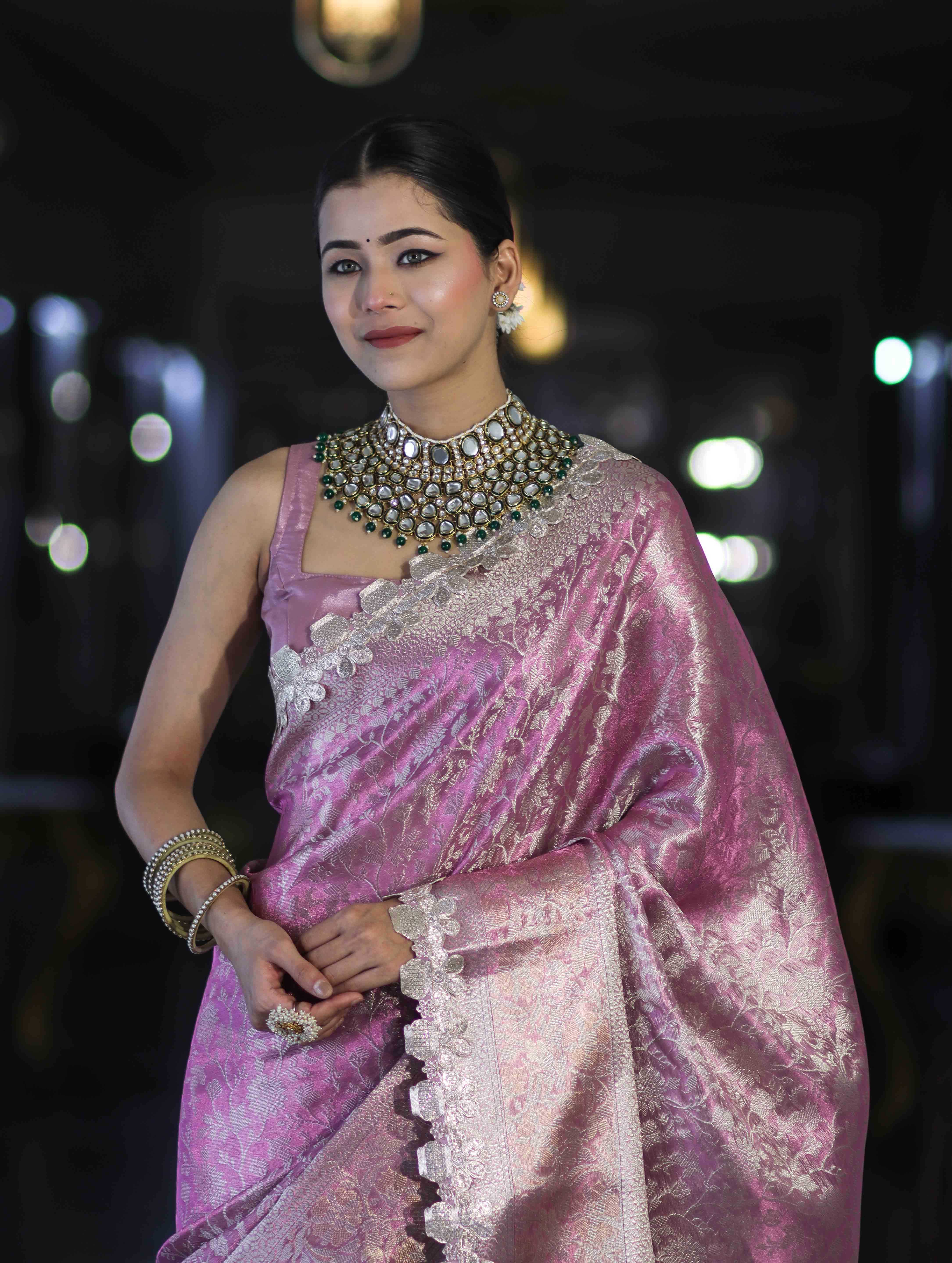 Banarasee Handloom Tissue Saree With Zari Weaving Floral Work & Lace Border-Light Pink