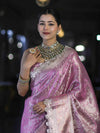 Banarasee Handloom Tissue Saree With Zari Weaving Floral Work & Lace Border-Light Pink