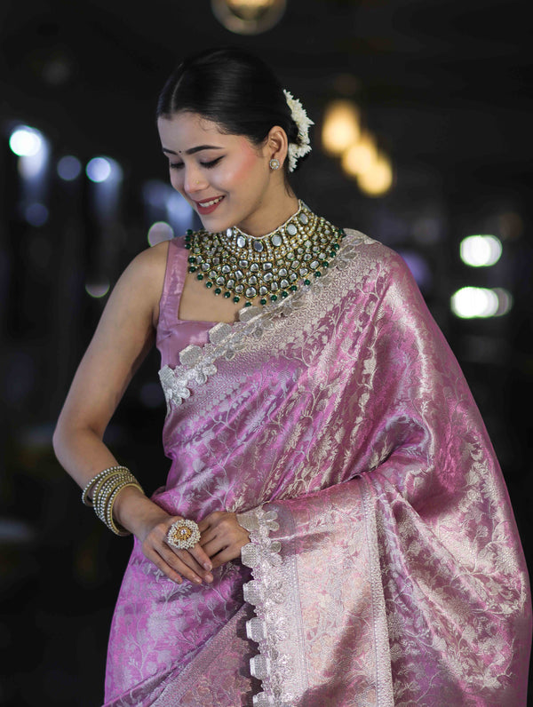 Banarasee Handloom Tissue Saree With Zari Weaving Floral Work & Lace Border-Light Pink