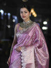 Banarasee Handloom Tissue Saree With Zari Weaving Floral Work & Lace Border-Light Pink