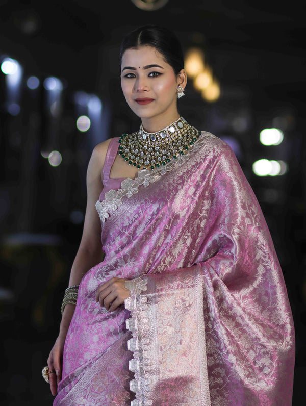 Banarasee Handloom Tissue Saree With Zari Weaving Floral Work & Lace Border-Light Pink